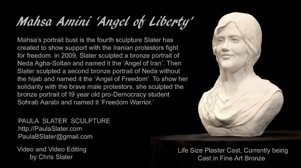 Mahsa Amini Portrait Bust Sculpture, 'Angel of Liberty', by Paula Slater, Iranian Protests, Neda bronze sculptor