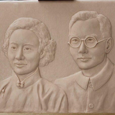 Relief Portrait, clay for bronze double portrait relief by Paula Slater, Base Relief Portrait Sculpture
